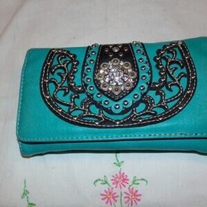 LADIES WALLET BLUE WITH RHINESTONES SILVER STUDDED ORNATE LIKE NEW!